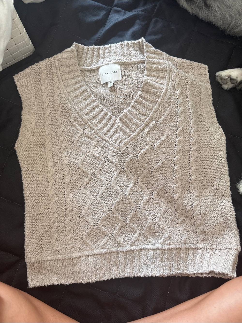 Pink Rose Taupe Cable Knit V-Neck Sweater Vest